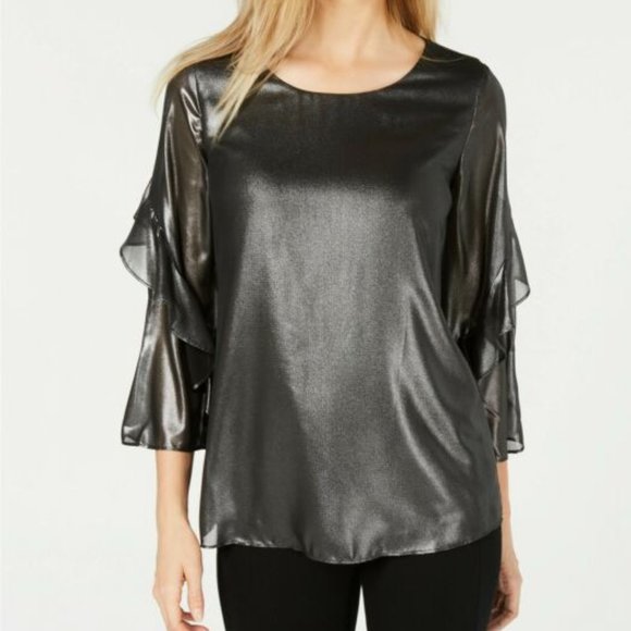 Alfani Metallic Flounce Sleeve Pullover Blouse - Picture 1 of 2